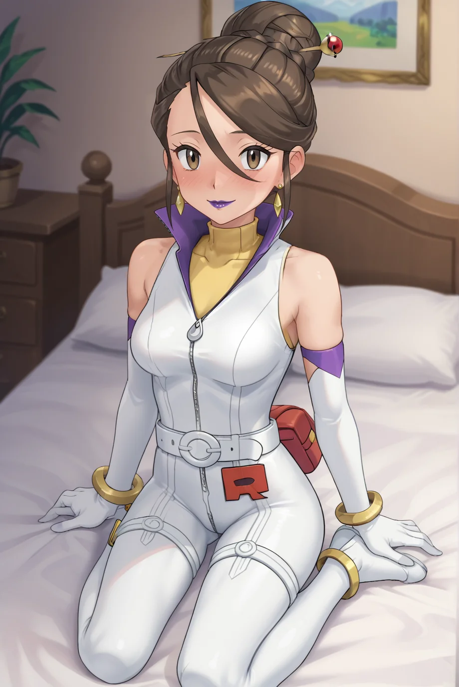 score_9, score_8_up, score_7_up, score_6_up, score_5_up, score_4_up, BREAK, 1girl, solo,
<lora:SierraXL-v1-07:0.7>, ChopioSierra, brown hair, single hair bun, hair stick, brown eyes, purple lipstick, earrings, looking at viewer,
medium breasts,
outfit_1, white bodysuit, high collar, zipper, yellow undershirt, elbow gloves, white belt, bracelet, thigh strap,
bedroom, on bed, on knees, seductive smile, blush, parted lips, 
<lora:Style_Pokemon1:0.8>, pks, pokemon, pokemon \(anime\), pokemon \(classic anime\), anime screencap,