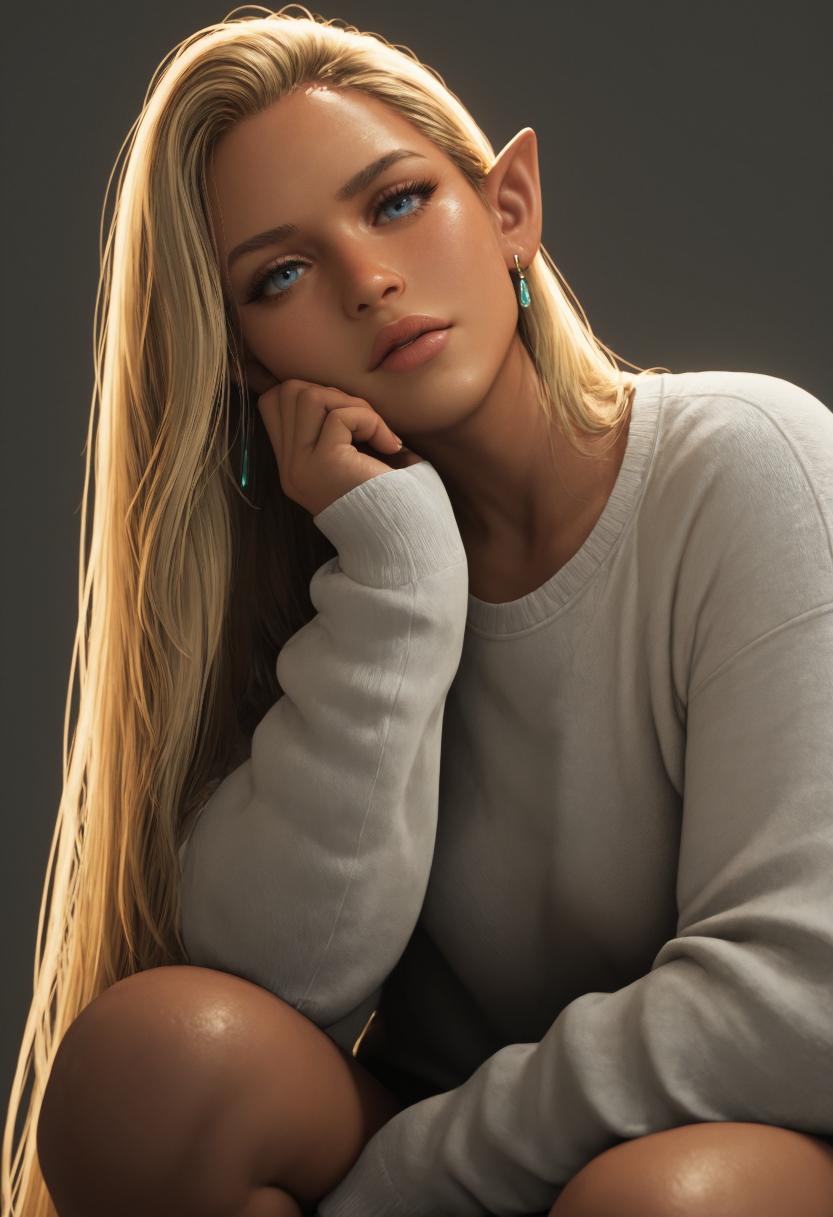lnds2, 1girl, solo, pointy_ears, very_long_hair, forehead, hair_behind_ear, slicked_hair, straight_hair, blue_eyes, elf, jewelry, eyelashes, tanned skin, black_eyebrows, thick_eyebrows, earrings, blonde_hair, parted_lips, looking_at_viewer, long_sleeves, lips, simple_background, sleeves_past_wrists, sweater, white_sweatshirt, sitting, oversized_clothes, grey_background, hand_on_own_face, squatting, from_side, head_tilt, detailed lighting, soft lighting, perspective, masterpiece, ultra-HD, photorealistic, best quality, (dramatic lighting), amazing quality, best resolution, ´realistic´, very aesthetic, incredibly absurdres, 4k, latest, <lora:ce4c24f5-8ed9-47a3-8883-15b2ea1d4abb:0.9>