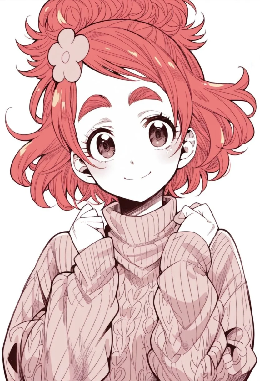 score_9, score_8_up, score_7_up, 1girl, solo, red hair, hair ornament, thick eyebrows, sweater, upper body, smile, looking at viewer, manga, monochrome, ishigana style