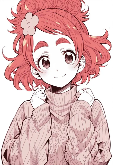 score_9, score_8_up, score_7_up, 1girl, solo, red hair, hair ornament, thick eyebrows, sweater, upper body, smile, looking at viewer, manga, monochrome, ishigana style