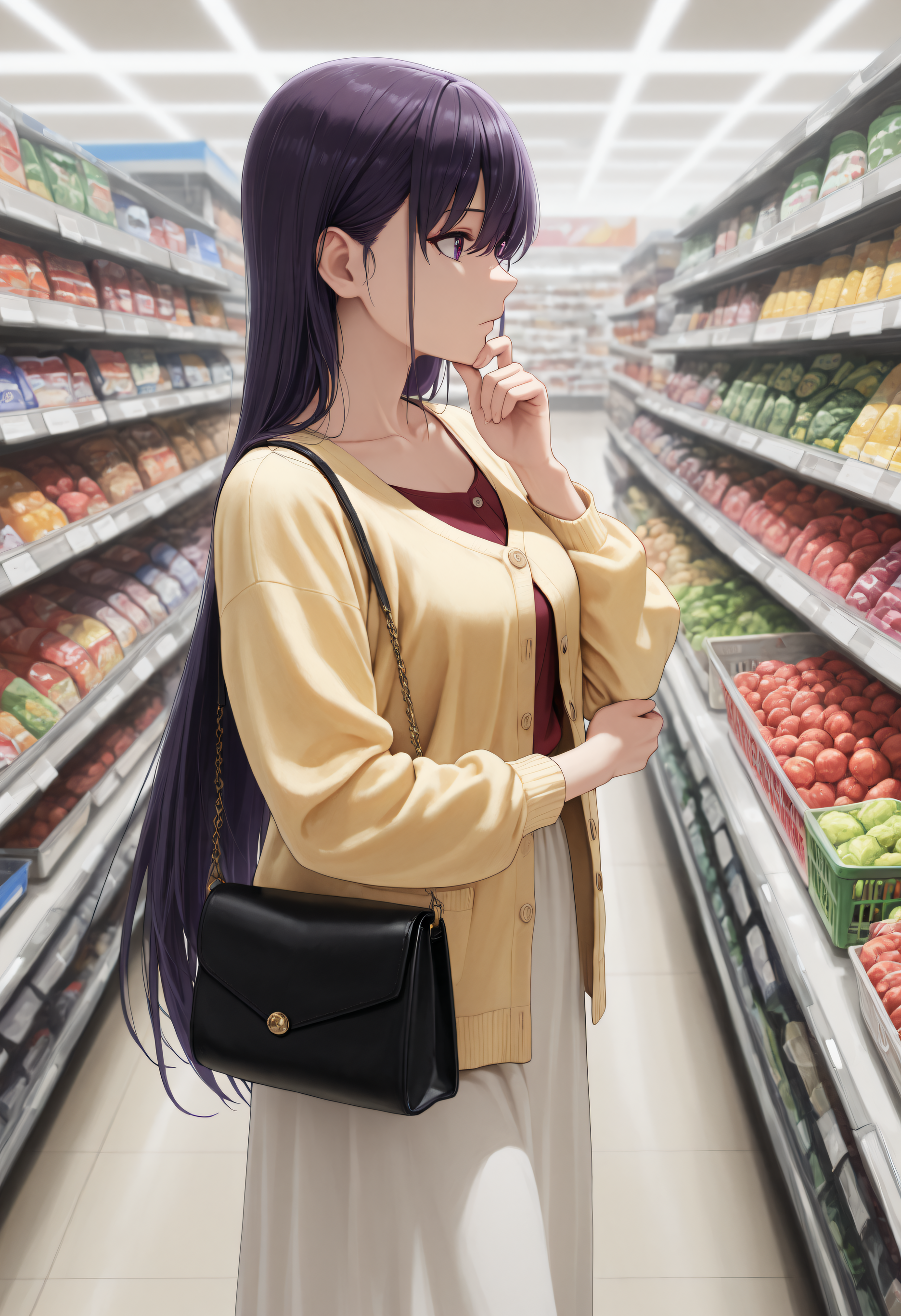 <lora:Char_SakakiYumiko:1>, purple hair, long hair, straight hair, purple eyes, hair between eyes, hair behind ears, 
solo, Yum1Cas, yellow cardigan, buttons, long sleeves, red shirt, collarbone, white skirt, long skirt, 
supermarket, handbag, hand on own chin, from side, wide shot, very awa, masterpiece, best quality, highres, absurdres