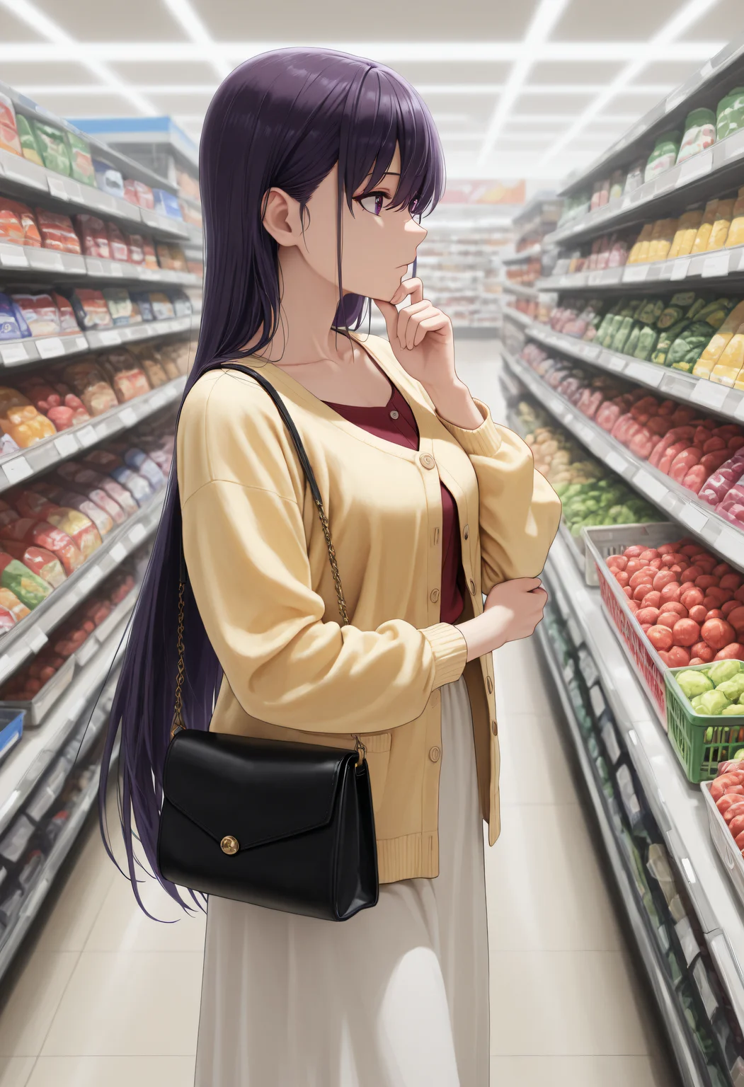 <lora:Char_SakakiYumiko:1>, purple hair, long hair, straight hair, purple eyes, hair between eyes, hair behind ears,
solo, Yum1Cas, yellow cardigan, buttons, long sleeves, red shirt, collarbone, white skirt, long skirt,
supermarket, handbag, hand on own chin, from side, wide shot, very awa, masterpiece, best quality, highres, absurdres