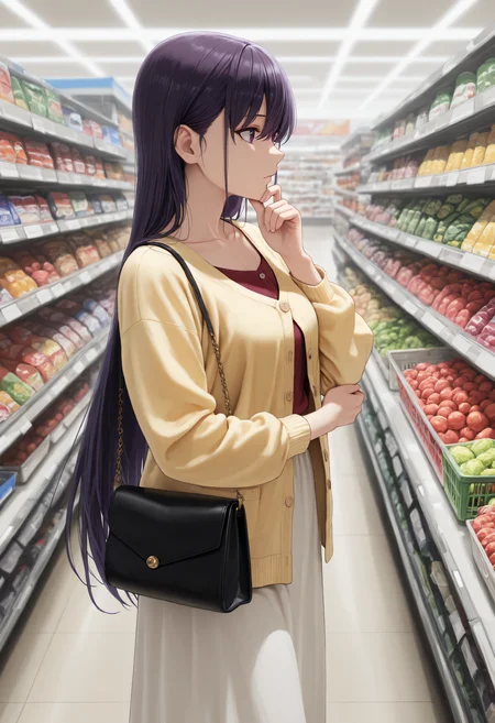 <lora:Char_SakakiYumiko:1>, purple hair, long hair, straight hair, purple eyes, hair between eyes, hair behind ears, 
solo, Yum1Cas, yellow cardigan, buttons, long sleeves, red shirt, collarbone, white skirt, long skirt, 
supermarket, handbag, hand on own chin, from side, wide shot, very awa, masterpiece, best quality, highres, absurdres