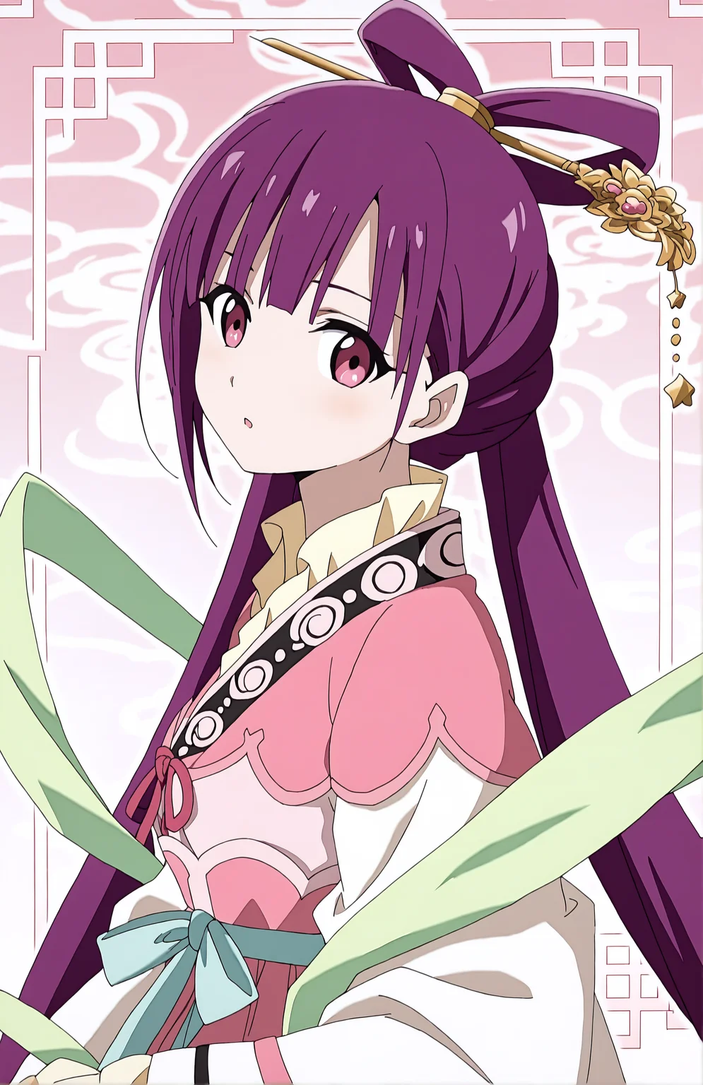 RenKougyoku. 1girl, long hair, purple hair, twintales, bangs, hair ornament, hair rings, hair stick, pink eyes, chinese clothes, hanfu, long sleeves, wide sleeves, looking at viewer,