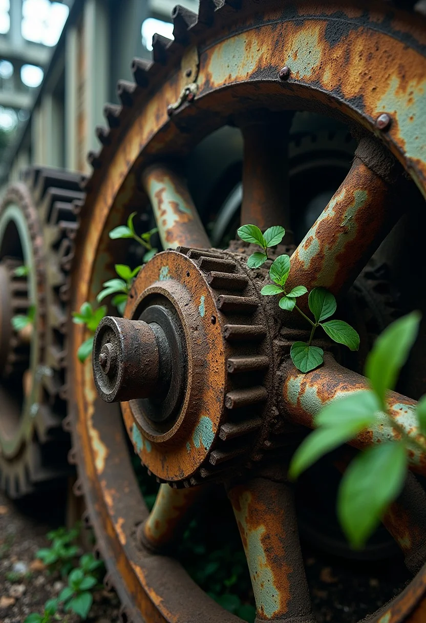 A detailed view of abandoned industrial machinery being reclaimed by nature. Flaking rust patterns, vines weaving through gears, peeling paint, textures of metal and decay, shafts of light highlighting textures, extreme close-up, gritty, atmospheric light.
