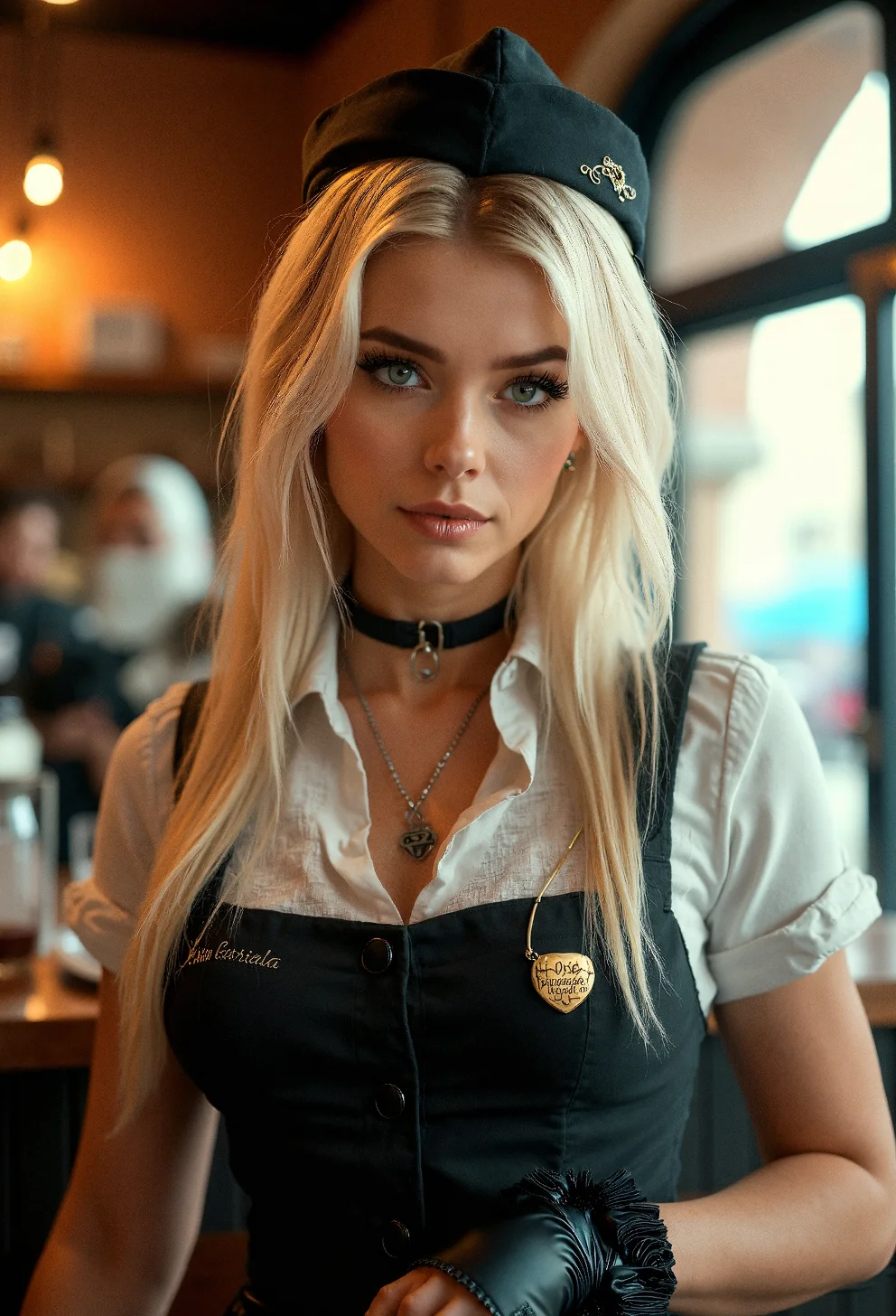 Photorealistic photography of Café environment, with a young 18 years old waitress featuring blonde hair, grey eyes, voluptuous figure in a stylish uniform, wearing unique accessories, heart necklace, punk style ear piercing,







