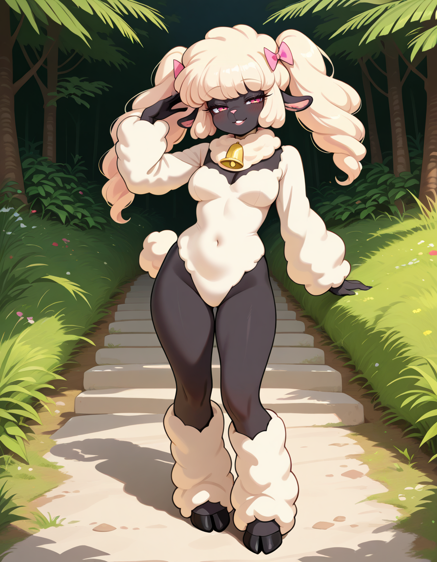 masterpiece, best quality, very aesthetic, absurdres,
outdoors,
full body, standing, posing,
seductive smile, parted lips, long eyelashes,
<lora:PoodleSheep_v01_NAIXL:1> P00dl3Sh33p,1girl, solo, furry, furry female, animal ears, long hair, bangs, hair bow, sheep ears, pink eyes, animal nose, neck bell, black skin, body fur, white fur, poodle tail, hooves,