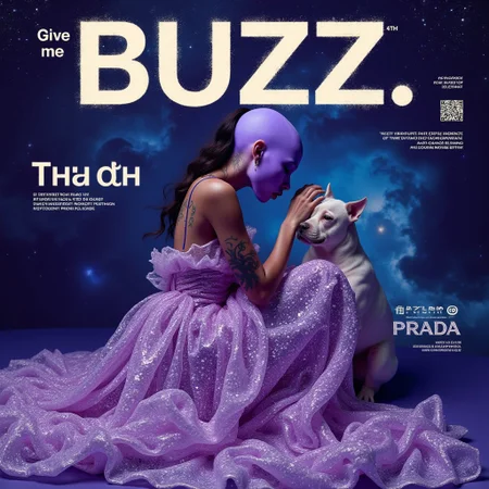 magazine_style, magazine cover, cover of "Give me BUZZ" fashion magazine, text "Give me BUZZ" behind the scene, a celestial galaxy backdrop with swirling stars and nebulae, an elegant alien woman with purple skin and glowing tattoos, she is beggin on her knees, dressed in an otherworldly Prada gown made of stars and light, embodying cosmic elegance. puppy face,