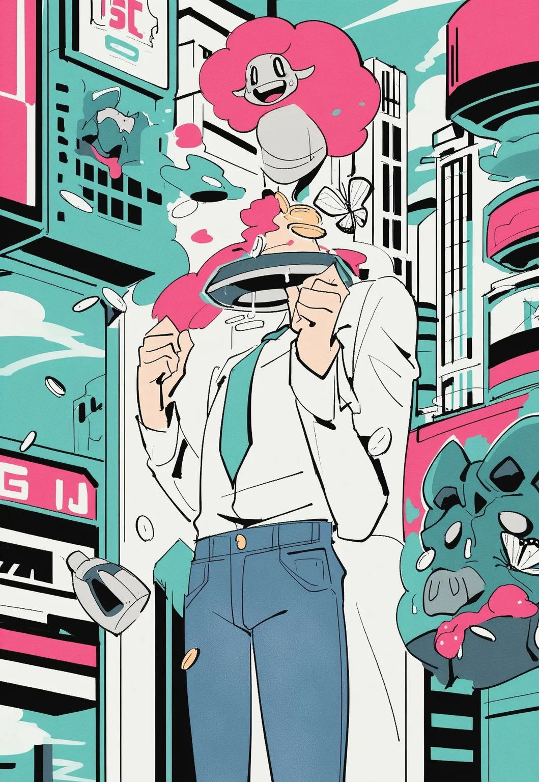 IllustriousQual fern ,butterfly, 1boy, male focus, shirt, denim pants, superhero aesthetic, outdoors, city view, flying toilets with pigs, coins dropping, amazing beef cows, extremely detailed, WatercolorMangaLLS
