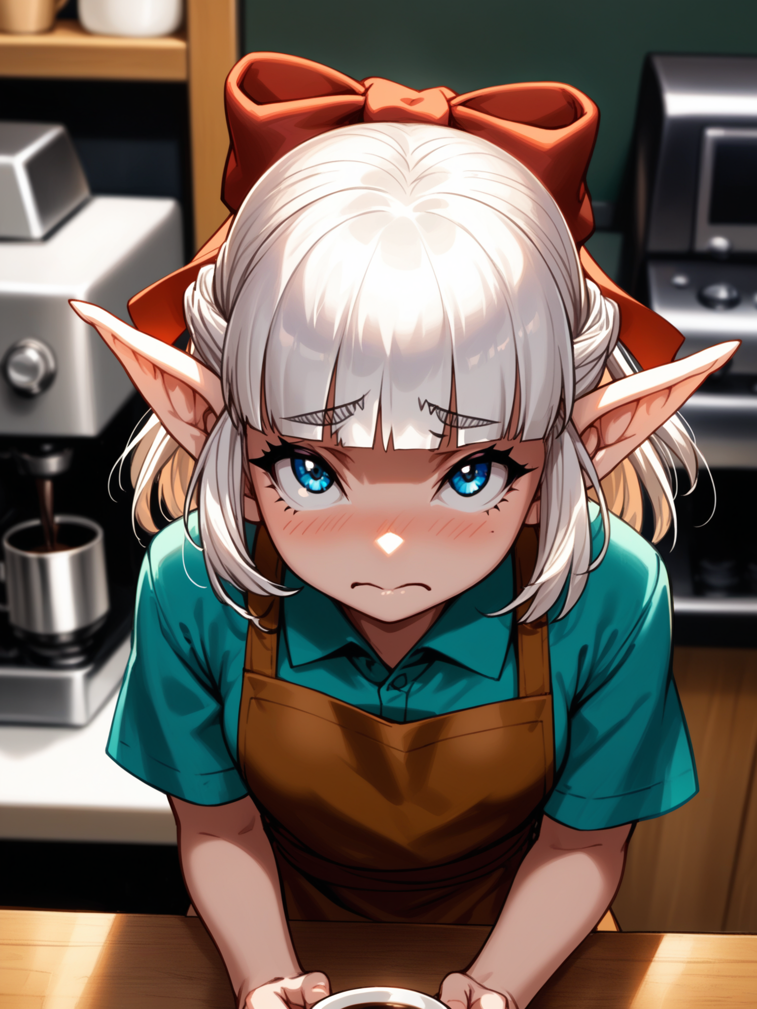 (upper body, solo focus:1.2) <lora:happy_tentacle-fana-v0.1-000029:1>, ht_fana, white hair, blue eyes, hair bow (petite:1.2), <lora:Shed_The_Skin's StS_age_slider_v1_initial_release:-1> ( :1.1) ( , , ( flustered :1.2) , (wavy mouth:0.8) , looking up :1.2) , indoors, ((dawn :0.6), (blue sky:0.6) :0.8), (open window :0.9), (furniture:0.9), , , , , ( :0.9), cafe, coffee maker, barista, brown apron, (( from above :1) :0.8) score_9, score_8_up, score_7_up, score_6_up, score_5_up, score_4_up, ( [(realistic, photorealistic:1.3):(realistic:1.2):16] [(3d:1.2)::14] :1) <lora:LUUNA's Lunas-NijiJourney-SDXL-B2:0.35>, nijijourney <lora:prgfrg23's Counterfeit-V3.0 Style SDXL_LoRA_Pony Diffusion V6 XL:0.5> <lora:mfcg's mfcgXL:0.12> <lora:reweik's gyokai(himehajime)_PonyXL_style_v01:0.14>