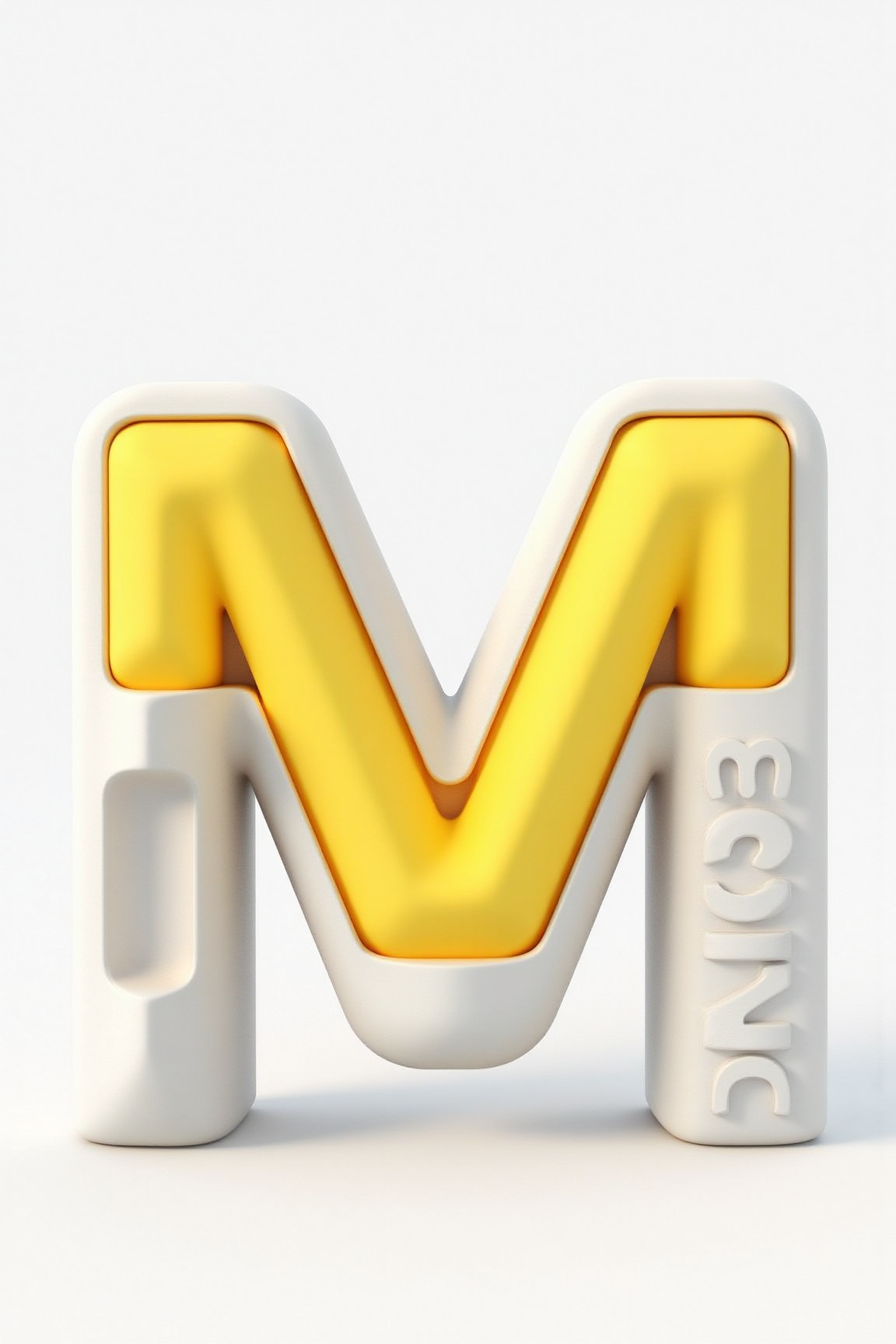, YFG-Ge0m a 3d rendering of the letter 'm' made out of white and yellow cubes, with a watermark on the right side. the em is cut into the surface like a reverse embossing.