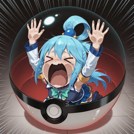 1girl, 1ns1d3pok3ballv2, inside pokeball, aqua \(konosuba\), aquascreaming, screaming, open mouth, crying, >_<, kneeling, emphasis lines, arms up, against fourth wall, masterpiece, best quality, amazing quality,
