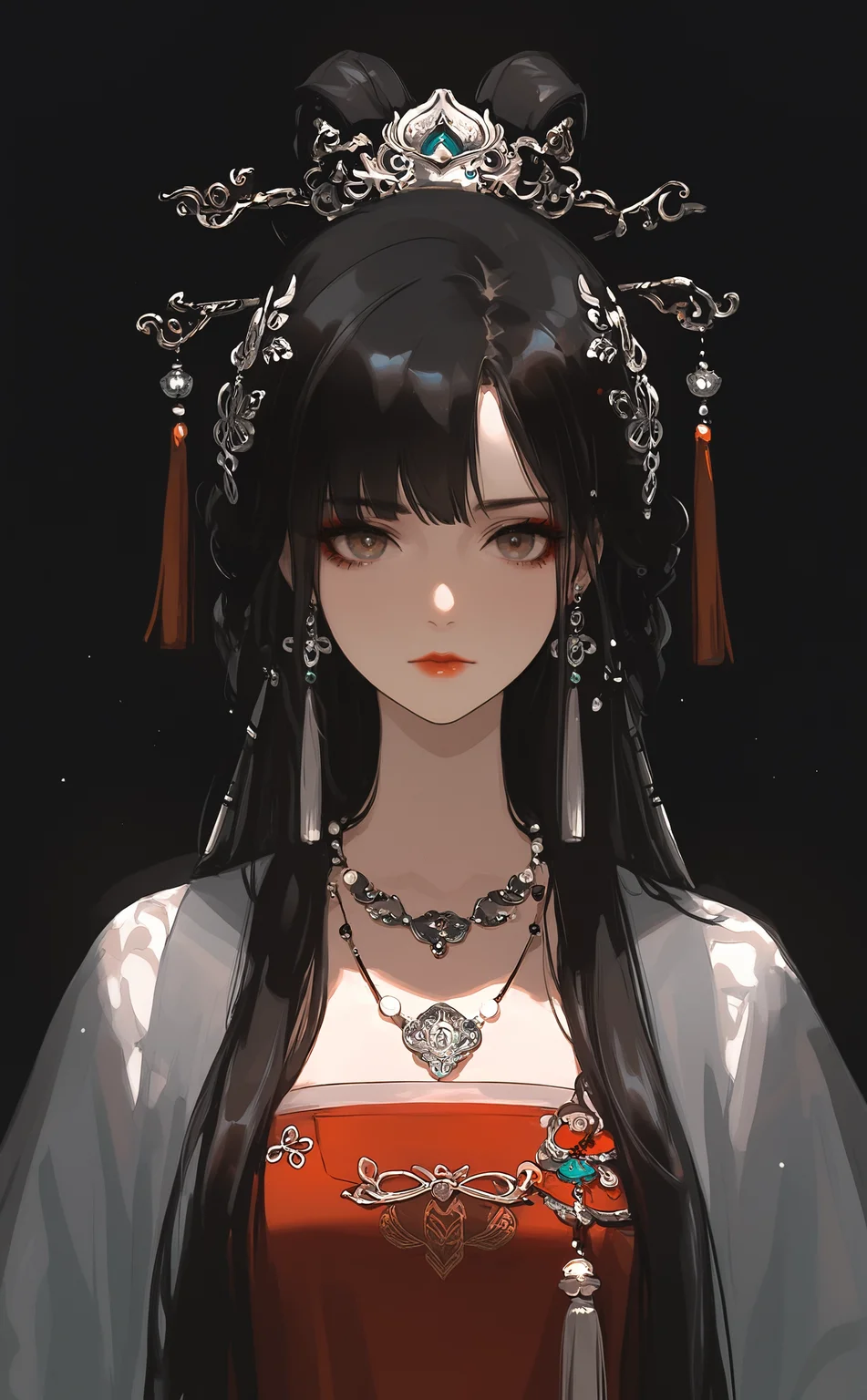 masterpiece, best quality, amazing quality, 1girl, solo, long hair, looking at viewer, black hair, hair ornament, dress, closed mouth, brown eyes, upper body, earrings, necklace, grey eyes, chinese clothes, red dress, black background, tassel, red lips, hanfu <lora:ppw_v7_noobEv1.1:0.5> <lora:XXX667:0.5> <lora:nhl-004:0.8>