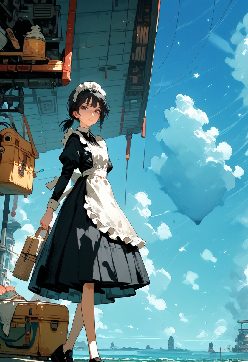 score_9, score_8_up, score_7_up, score_6_up, score_5_up, score_4_up, source_anime, 1girl, solo, 18yo, (slim face:1.5), (bangs:1.2), skinny, thin body, wide hips, thin thighs, full body, from above,
<lora:age_slider_v4:2> <lora:Expressive_H:1><lora:Kenva:0.8> <lora:naipf:0.6>
light smile, walking, looking at viewer, black hair, short hair, low ponytail, parted lips, maid cap, black long sleeve maid shirt, bow, (white apron:1.1), (black maid skirt:1.1), long skirt, (frilled apron:1.1), black footwear, (holding large old Travel trunk:1.4), sky world, scenery<lora:sky_world:1>