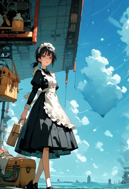 score_9, score_8_up, score_7_up, score_6_up, score_5_up, score_4_up, source_anime, 1girl, solo, 18yo, (slim face:1.5), (bangs:1.2), skinny, thin body, wide hips, thin thighs, full body, from above,
<lora:age_slider_v4:2> <lora:Expressive_H:1><lora:Kenva:0.8> <lora:naipf:0.6>
light smile, walking, looking at viewer, black hair, short hair, low ponytail, parted lips, maid cap, black long sleeve maid shirt, bow, (white apron:1.1), (black maid skirt:1.1), long skirt, (frilled apron:1.1), black footwear, (holding large old Travel trunk:1.4), sky world, scenery<lora:sky_world:1>