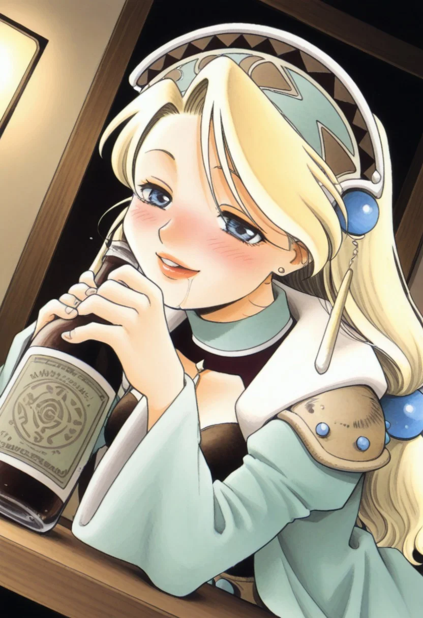 masterpiece, best quality, amazing quality, highres, absurdres, very aesthetic, high resolution, ultra detailed, perfect details, 1990s \(style\), official style, detailed eyes, anime coloring, anime screenshot, indoors, fantasy, BREAK
upper body, dutch angle, dynamic angle,
1girl, solo, marlone1997, blonde hair, low-tied long hair, tri tails, asymmetrical bangs, hair ornament, headdress, jewelry, earrings, blue eyes, lips, green coat, open coat, wide sleeves, long sleeves, drunken, smile, blush, half-closed eyes, saliva, Fall face down on a desk, holding winebottle,