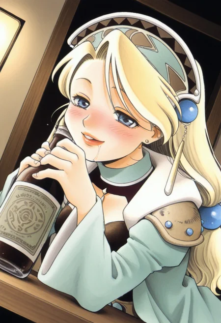 masterpiece, best quality, amazing quality, highres, absurdres, very aesthetic, high resolution, ultra detailed, perfect details, 1990s \(style\), official style, detailed eyes, anime coloring, anime screenshot, indoors, fantasy, BREAK
upper body, dutch angle, dynamic angle,
1girl, solo, marlone1997, blonde hair, low-tied long hair, tri tails, asymmetrical bangs, hair ornament, headdress, jewelry, earrings, blue eyes, lips, green coat, open coat, wide sleeves, long sleeves, drunken, smile, blush, half-closed eyes, saliva, Fall face down on a desk, holding winebottle,