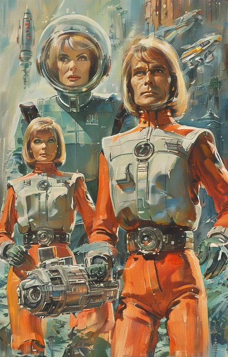 masterpiece,best quality,<lora:tbh315-sdxl:0.9>,illustration,style of Gerry Anderson portrait of Housework robots