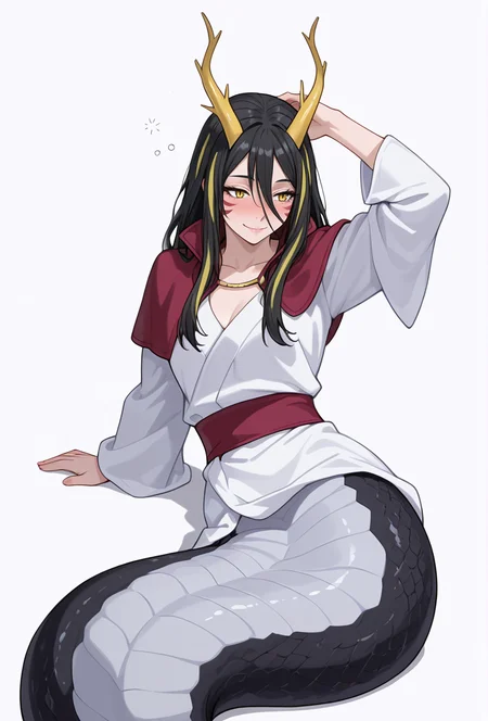 Smooth Quality,masterpiece,very intricate, high quality details, ultra realistic, high detailed skin,detailed enviorement,absurdres,
simple background, white background,
lying on side, one arm supporting head, relaxed legs, soft smile, casual vibe, ,drunk,\m/ ,
<lora:Albiscnn:0.8> albislamiacnn,lamia, 1girl,monster girl, horns, slit pupils, facial mark,black hair, streaked hair,
japanese clothes,white kimono, sash,red capelet,
long sleeves, sleeves,
