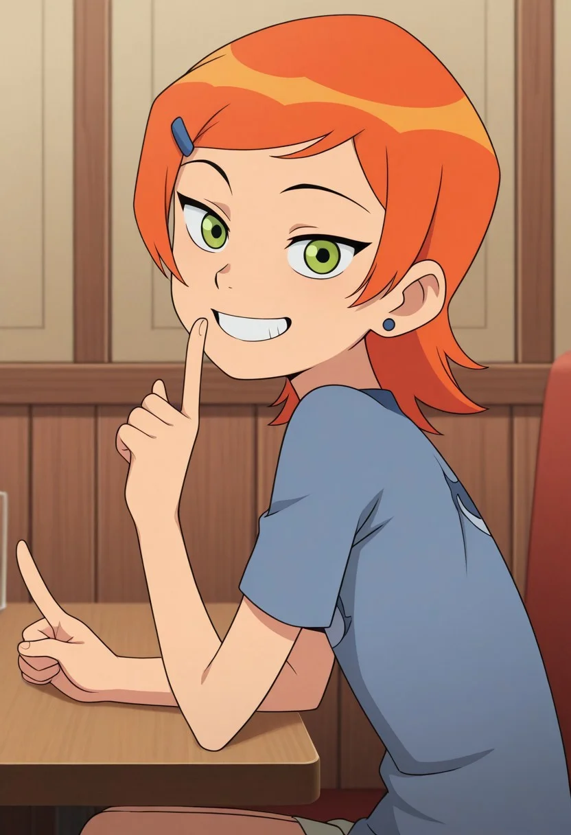 masterpiece, best quality, amazing quality,, solo,
Gwendolyn_Tennyson,Orange hair, Green eyes,anime screencap, restaurant, sitting, elbow rest, looking at viewer, grin, from side,, <lora:shushing-illustriousxl-lora-nochekaiser:1>, shushing, finger to mouth, index finger raised,, ,