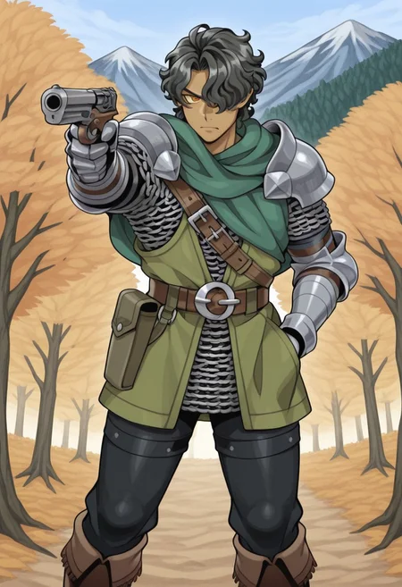 d0b0sh1r0,
1boy, solo,
RolfIL, Rolf Unicorn Overlord,
tan skin, orange eyes, black hair, curly hair, hair over eye,
green shawl, steel pauldron, brown straps, leather belt, chainmail shirt, black sleeves, steel gauntlets, green waist lather, black pants, leather boots,
serious,
HOLDING HANDGUN, HAND IN POCKET, LOOKING AT GUN, AIMING,
autumn trees, mountains,