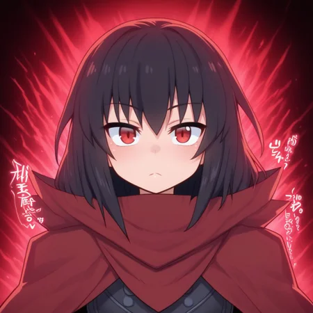 mana_sk style, portrait, focus on face, a stoic dark knight girl with short, choppy black hair and crimson-red eyes, wearing a spiked black pauldron and a tattered cape, her expression stern and resolute, faint red energy emanating from her armor, the shadows of a ruined castle in the background, Japanese RPG style, dark and commanding atmosphere, intricate details on her pauldron and the energy effects