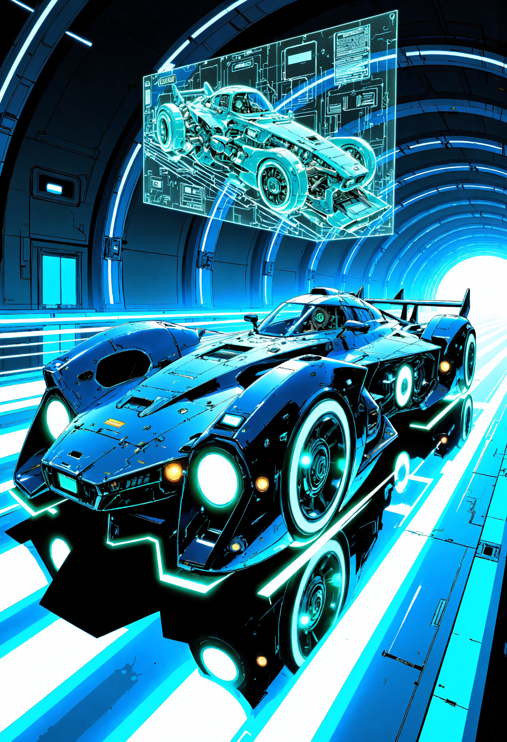 lineart, masterpiece, high-quality, A futuristic race car with sleek angular contours, glowing teal energy vents, and a transparent canopy, It speeds along a glowing track in a domed city, and a holographic schematic of itself hovers above, high-speed motion blur, vibrant neon highlights (elaborate fine details:1.1), (hyperdetailed:1.1), (intricate details:1.0), (Refined details:1.1), (best quality:1.1), (high resolution:1.2),