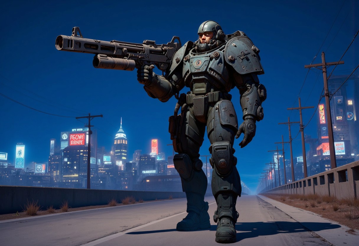 1man, A heavily armored warrior in futuristic black power armor stands confidently, wielding a massive gatling gun. The armor is bulky, with reinforced plating, large shoulder pads, and complex mechanical joints. The helmet has a slit like visor and built from multiple triangular metallic elements, giving the character a rugged, battle-hardened look. The gatling gun features a drum magazine, with visible wiring and mechanical components, emphasizing its powerful nature. The character exudes strength and resilience, with an imposing and intimidating stance, full shot, full body visible, ultra realistic, masterpiece, he walks in a deserted road, distant cyberpunk metropolis, night time, neon light lights the sky. Handheld M134 Minigun