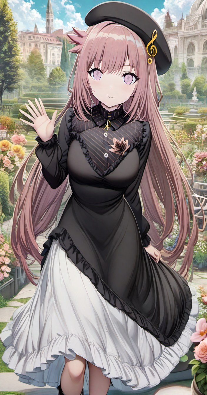 torino aqua,priscadys,mainoutfit,1girl, solo,((cowboy shot)),pink hair, ((pink eyes)), long hair, breasts,, bangs, medium breasts, very long hair, closed mouth, <loractl:priscadys_v1_33:.8,0@.6> , hair flaps, breasts,looking at viewer, blush,smile,black headwear, beret,treble clef, dress,long sleeves,black sleeves,shirt,black shirt,((black_dress)) ,long_dress,striped,musical note, frills,frilled dress, skirt,white_skirt,outdoors,garden, flower,trees,blue sky, clouds,day,((lower body)), waving, hand up, feet out of frame, large breasts, black footwear, long skirt,  <lora:torino-XL-v2-ep20:1>