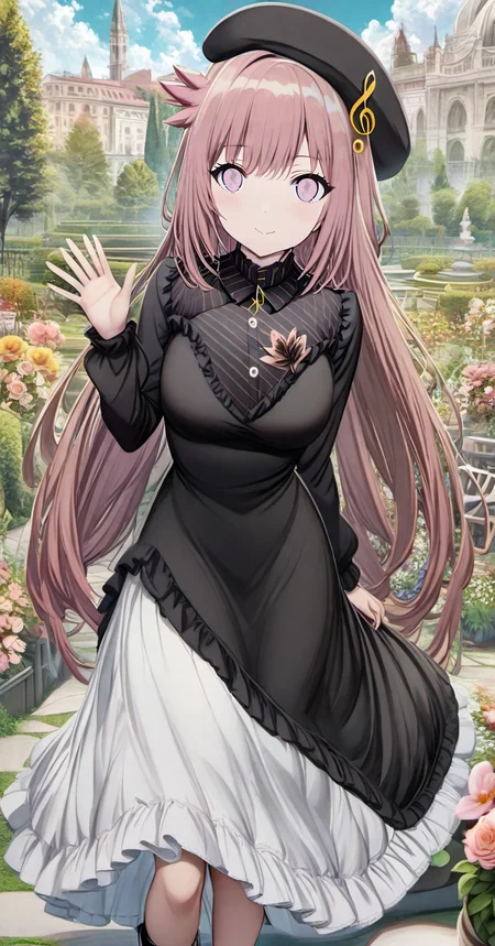 torino aqua,priscadys,mainoutfit,1girl, solo,((cowboy shot)),pink hair, ((pink eyes)), long hair, breasts,, bangs, medium breasts, very long hair, closed mouth, <loractl:priscadys_v1_33:.8,0@.6> , hair flaps, breasts,looking at viewer, blush,smile,black headwear, beret,treble clef, dress,long sleeves,black sleeves,shirt,black shirt,((black_dress)) ,long_dress,striped,musical note, frills,frilled dress, skirt,white_skirt,outdoors,garden, flower,trees,blue sky, clouds,day,((lower body)), waving, hand up, feet out of frame, large breasts, black footwear, long skirt, <lora:torino-XL-v2-ep20:1>