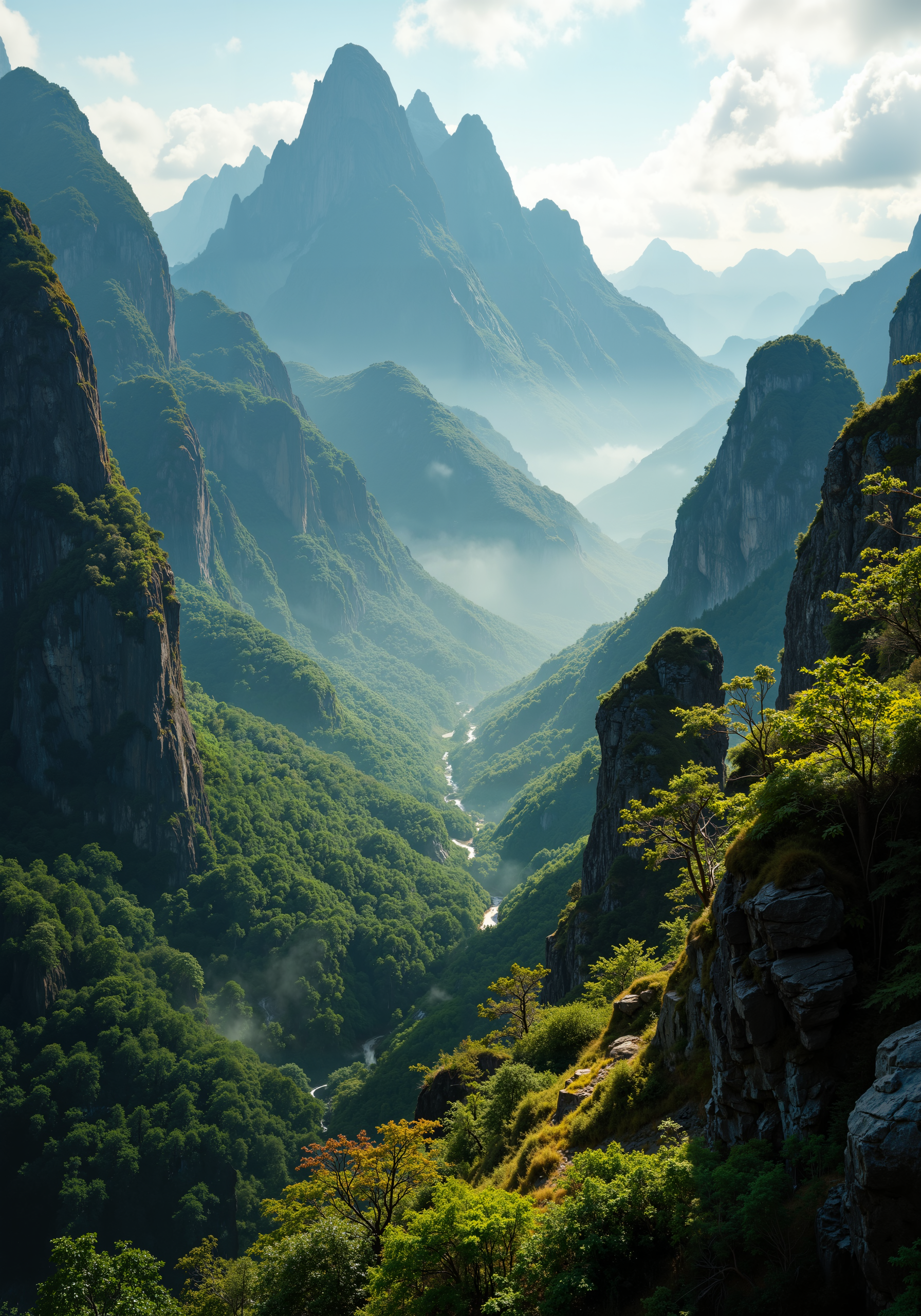 Sweeping aerial view of an ancient, mist-clad mountain range merging with a vibrant, lush forest valley below; intricate textures of rugged peaks and delicate foliage interwoven with dewy, shimmering leaves captured in a low-angle close-up under soft, golden light. Dynamic tracking perspective revealing winding trails and subtle, intricate rock formations, with atmospheric mists and crisp shadows enhancing the natural gradients. 8k resolution, masterpiece quality, immersive detail, and rich natural textures combine to evoke both grandeur and serene vitality in this harmonious, detailed landscape. <lora:artisketchyfs-v02:0.1> <lora:RM_Artistify_v1.0M:0.3> <lora:New_Fantasy_CoreV4_FLUX:0.2> <lora:flux_dev:1>