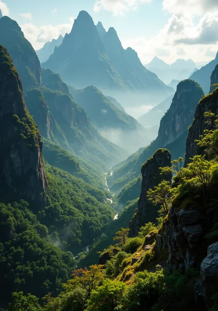 Sweeping aerial view of an ancient, mist-clad mountain range merging with a vibrant, lush forest valley below; intricate textures of rugged peaks and delicate foliage interwoven with dewy, shimmering leaves captured in a low-angle close-up under soft, golden light. Dynamic tracking perspective revealing winding trails and subtle, intricate rock formations, with atmospheric mists and crisp shadows enhancing the natural gradients. 8k resolution, masterpiece quality, immersive detail, and rich natural textures combine to evoke both grandeur and serene vitality in this harmonious, detailed landscape. <lora:artisketchyfs-v02:0.1> <lora:RM_Artistify_v1.0M:0.3> <lora:New_Fantasy_CoreV4_FLUX:0.2> <lora:flux_dev:1>