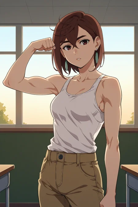 score_9, score_8_up, score_7_up, source_anime, 1girl, prefect lighting, very aesthetic, intricate details, highly detailed background, masterpiece, high quality, prefect hands, best quality, solo,
<lora:Momo_Ayase_Dandadan_V1:.85>, KJOmomo, brown hair, dark eyes, medium hair, hair between eyes, thick eyebrows, earrings,
tank top, cargo pants,
standing, looking at viewer, expressionless, parted lips, flexing,
classroom, window, dusk, sunset,
(Beautiful, medium Breasts:1.2), natural breasts,