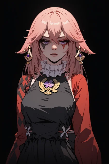 score_9, score_8_up, score_7_up,
<lora:Muff_PDXL-000000:1>, 1girl, split-color hair, half red half black color hair, two colors rhombic makeup, solo,
yae miko, ÐаÑ, 1girl, neck ruff, ruffled collar, two colors argyle sleeve, red sleeve, black romper,
cowboy shot, adult girl, 21 y.o., teen, <lora:Sinozick_Style_XL_Pony:1> sinozick style, dark theme, flat color, black background,