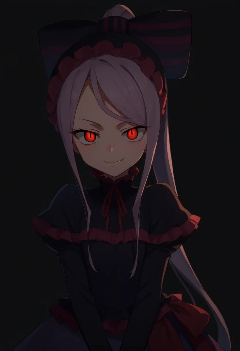 score_9, score_8_up, score_7_up, score_6_up, score_5_up, score_4_up, BREAK, source_anime,
1girl, shalltear, long hair, ponytail, red eyes, (glowing eyes:0.5), bow, black dress, frilled dress, long sleeves, fang,
upper body, evil smile, looking at viewer, solo, simple background, white background <lora:ShalltearXL:1>