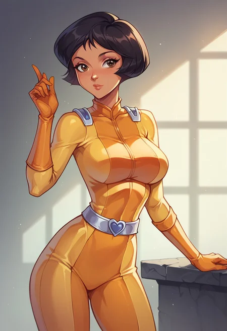 core_9, score_8_up,score_7_up, score_6_up, score_5_up, score_4_up, 1girl, alex \(totally spies\), brown eyes, dark hair,,, narrow waist, large breasts, yellow bodysuit, belt