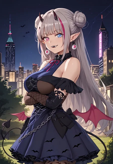 safe_pos, 1girl, solo, solo focus, highres, absurdres, MDR3rd, long hair, streaked hair, multicolored hair, hair bun, grey hair, double bun, heterochromia, blue eyes, earrings, pointy ears, pink eyes, pink hair, bangs, horns, fangs,

black dress, black gloves, pantyhose, elbow gloves, wings, bat print, bare shoulders, demon tail, layered dress, low wings, blue dress, multicolored dress,

looking at viewer, from side, large breasts, crossed arms, smug,

park, cityscape, neon lights, shade, night, night sky, dark, backlighting,