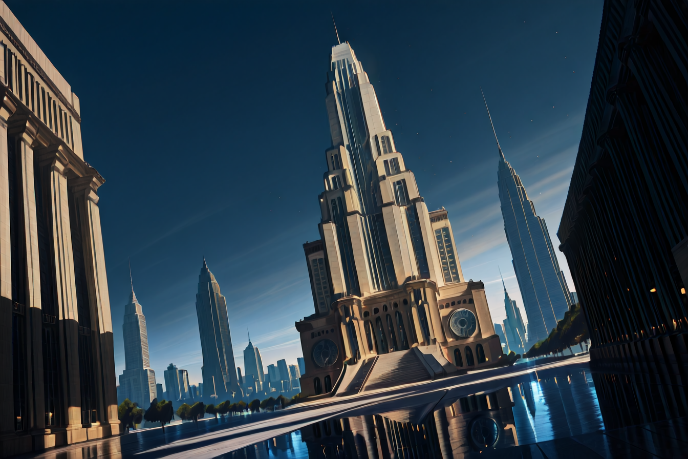 <lora:Art_Deco_(Architecture)_(Illustrious)_(AD):1>  Art Deco, building, city, <lora:3dSliderPony_v10:1> <lora:NOOB_vp1_detailer_by_volnovik_v1:1>  <lora:NTR_MIX_4.0_LORA:1> 
skyscrapers, idealistic skyscraper, scenery, dutch angle, limestone and bronze, art deco architectural masterpiece, plaza, 
BREAK zPDXL, Smooth Quality,