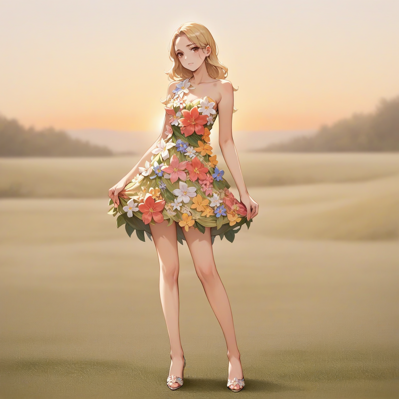 score_9. score_8_up, score_7_up, score_6_up, score_5_up, score_4_up, source_anime, woman, fl0r4l_1, flower dress, stiletto high heels, blonde hair, <lora:Floral_dress_pony_9:0.65>, open field, sunset, anime, chiffon