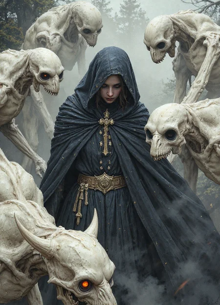 <lora:flux\flux.1_lora_flyway_Epic-detail_v2:0.4> necromancer woman, undead creatures, dark robes, cloak, glowing eyes, black smoke, DSLR RAW photo, muted in color with subtle tones and is an intense fusion of raw emotion and visceral imagery still life art by Samuel Peploe and Posuka Demizu, erotic, leisur. Scottish colourist, still life, landscapes, manga, intricate and detailed illustrations, fantasy and adventure themes style,