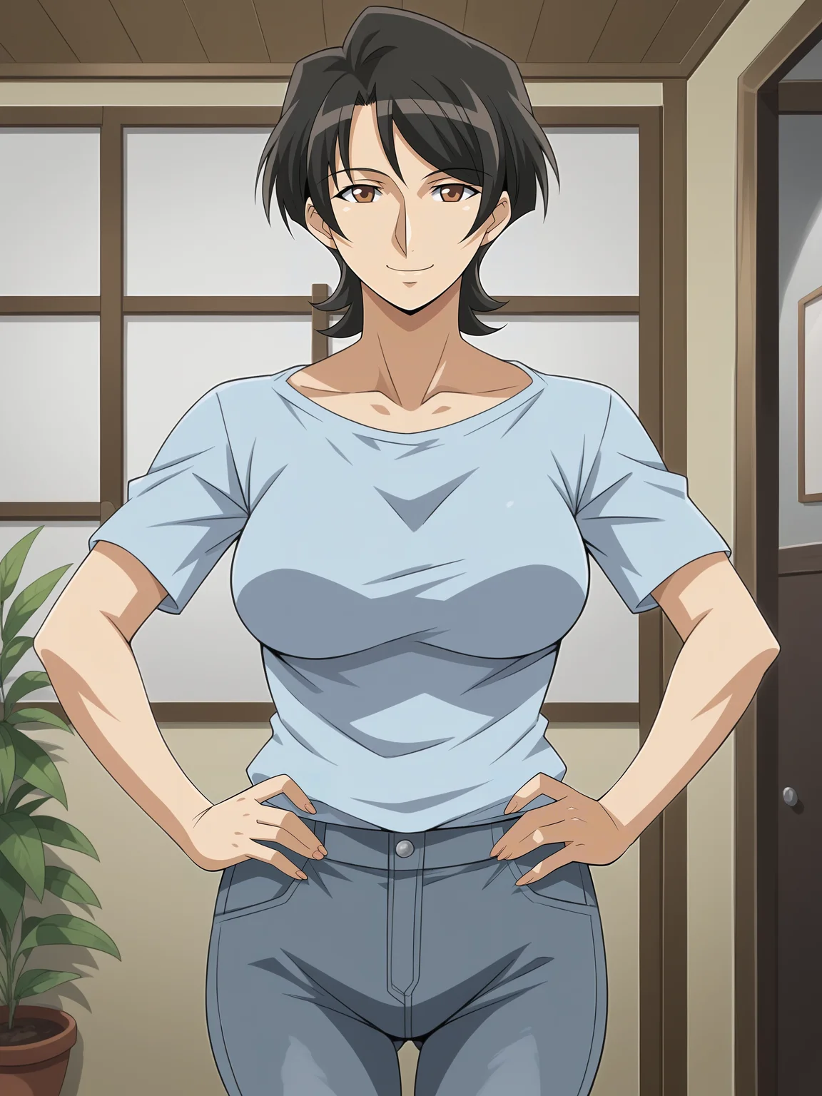 <lora:Masae-Yama_Hime_no_Mi-ep1:0.7>,Masae,mature female,1girl,black hair,short hair,brown eyes,breasts,shirt,pants,hands on own hips,looking at viewer, smile,indoors