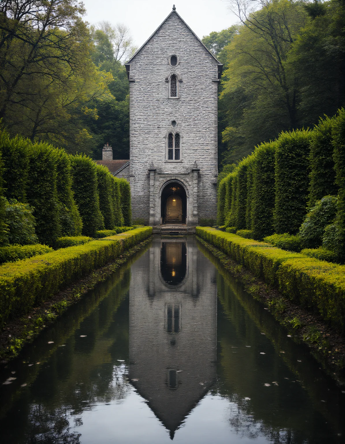 A tranquil scene of a tall, narrow tower with light gray stone walls and a steep, shingled roof. The structure has symmetrical windows, including an oval-shaped window near the top and traditional shutters framing a lower window. At the base of the tower is a large arched doorway that opens up to reveal a distant landscape. The building is perfectly reflected in a long, still pond that stretches in front of it, flanked by lush, manicured green hedges on both sides. The symmetry of the scene is emphasized by the clean, geometric lines of the hedges and the waterâs mirror-like surface. The background is filled with dense trees, adding a sense of peaceful isolation. The atmosphere is serene and calm, with soft, diffused daylight illuminating the garden, and the stillness of the water enhancing the reflective quality of the architecture. aidmaHyperrealism <lora:aidmaHyperrealismv0.3:0.8> <lora:Sinfully_Stylish_.02_for_FLUX:0.6> in the style of Jed-clrfl <lora:flux-colourful:0.4> <lora:FluxDFaeTasticDetails:0.8>