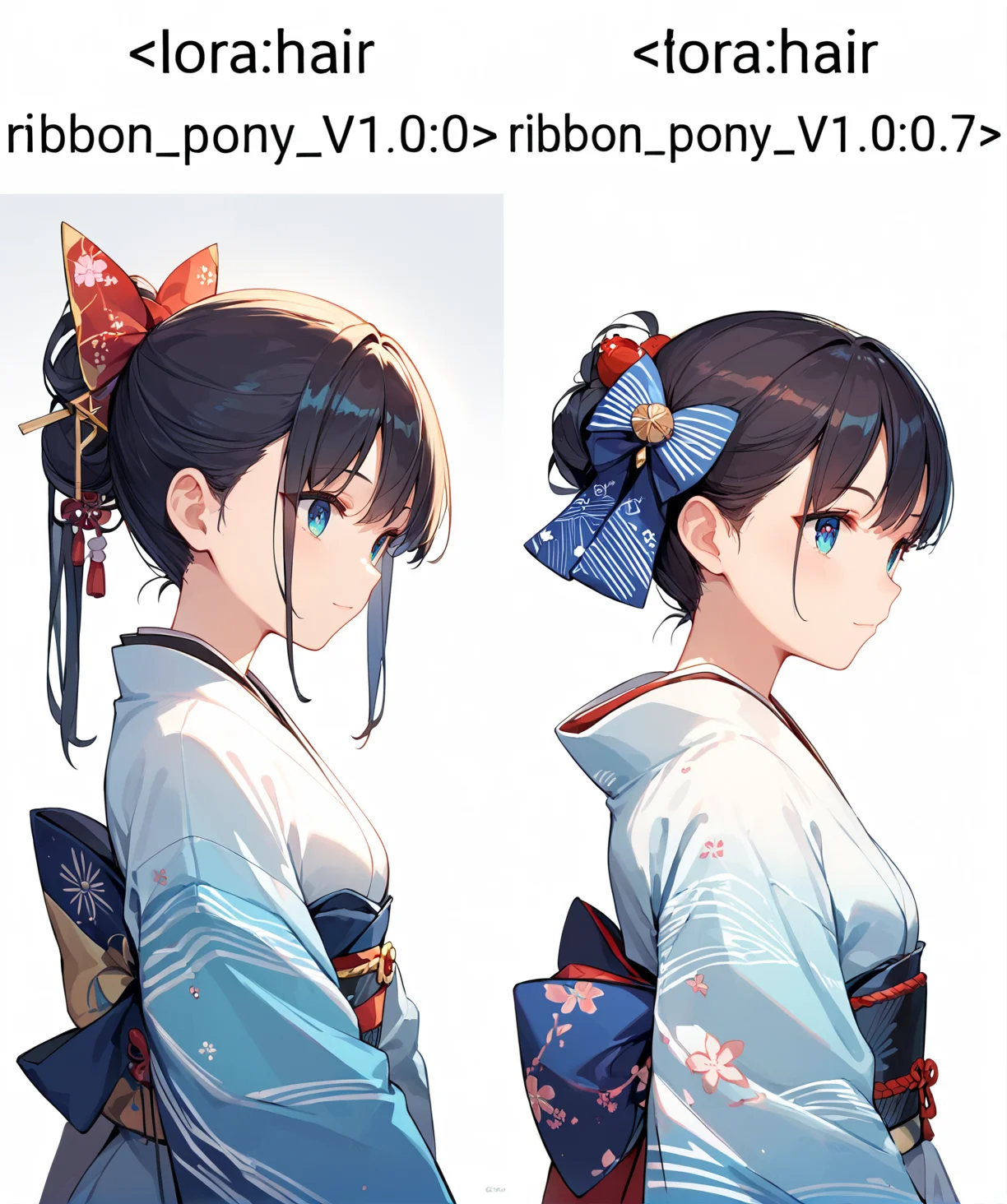 score_9, score_8_up, score_7_up,source_anime, high res image,masterpiece,best quality,girl,cute face,clear skin,shiny hair,ultra detailed eyes,simple background, <lora:hair ribbon_pony_V1.0:0> hair ribbon,from side,kimono