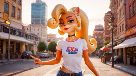 score_4,score_5,score_6,score_7_up,score_8_up,score_9 BREAK source_furry,1girl,solo,jewelry,earrings,long hair,breasts,choker,medium breasts,outdoors,smile,city,high quality,bokeh,coco bandicoot,t-shirt,pants,lipstick,seductive smile,closed mouth,