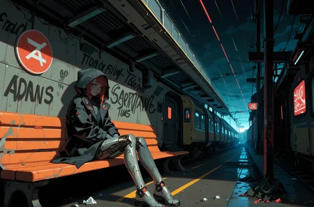 score_9, score_8_up, score_7_up, BREAK 1girl, (cyberpunk:1.2), sitting on bench, mechanical legs,
train station, train tracks, (neon sign:1.1), raining, night, dim lighting, trash, graffiti, (futuristic:1.2)
black trench coat, black hood, (depressed, sad:1.1) sidewalk
flying drones, <lora:Sinozick:0.8> Sinozick, dark aesthetic, red aesthetic,