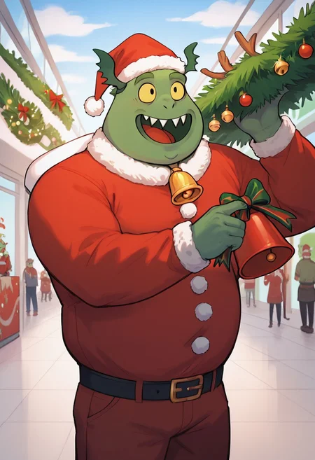score_8_up, score_7_up, bufffrog, 1boy, solo, black eyes, head wings, colored skin, green skin, fat, upper body, standing, happy, joyous, mouth open, hand up, holding bell, ringing bell, red bucket full of money, santa clause outfit, long sleeves, red hat, red pants, fake beard, outdoors, outside of mall, christmas season,