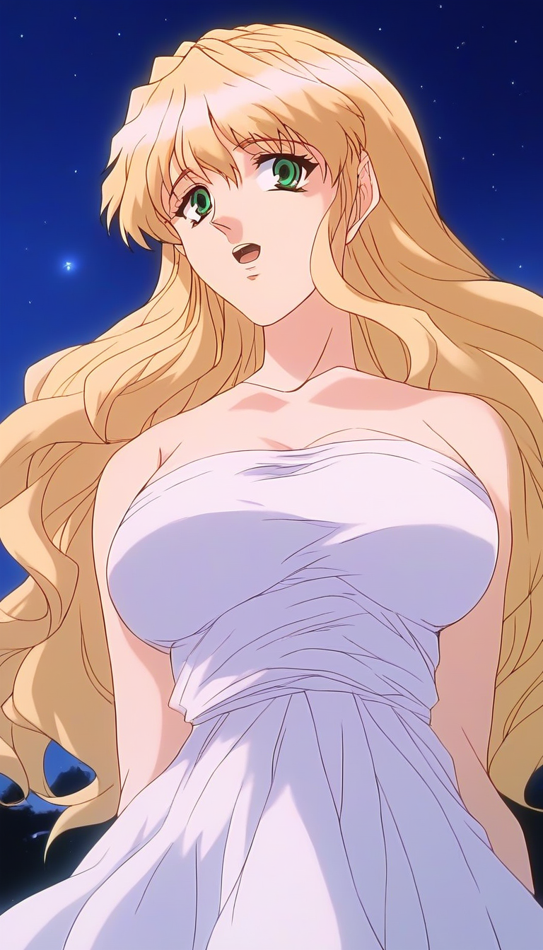 score_9, score_8_up, score_7_up, source_anime, rating_explicit, BREAK <lora:Sayless_OVA_XL:1>Sayless_OVA, blonde hair, long hair, green eyes, large breasts, 
1girl, solo,   sky, bare shoulders, open mouth, white dress,
night,