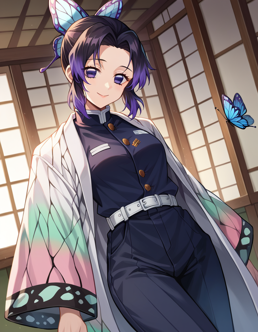 score_9, score_8_up, score_7_up, source_anime,
shinobukochou, <lora:shinobu-kochou-ponyxl-lora-nochekaiser:1>,
shinobu kochou, animal print, black hair, butterfly, butterfly hair ornament, butterfly print, forehead, gradient hair, hair ornament, haori, multicolored hair, parted bangs, purple hair, short hair, two-tone hair,
belt, black pants, butterfly print, coat, demon slayer uniform, haori, japanese clothes, pants, uniform,
indoors, smile,
looking at viewer, dutch angle, cowboy shot,