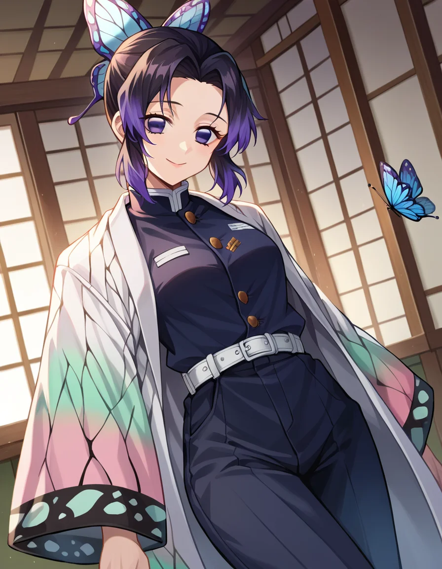 score_9, score_8_up, score_7_up, source_anime,
shinobukochou, <lora:shinobu-kochou-ponyxl-lora-nochekaiser:1>,
shinobu kochou, animal print, black hair, butterfly, butterfly hair ornament, butterfly print, forehead, gradient hair, hair ornament, haori, multicolored hair, parted bangs, purple hair, short hair, two-tone hair,
belt, black pants, butterfly print, coat, demon slayer uniform, haori, japanese clothes, pants, uniform,
indoors, smile,
looking at viewer, dutch angle, cowboy shot,