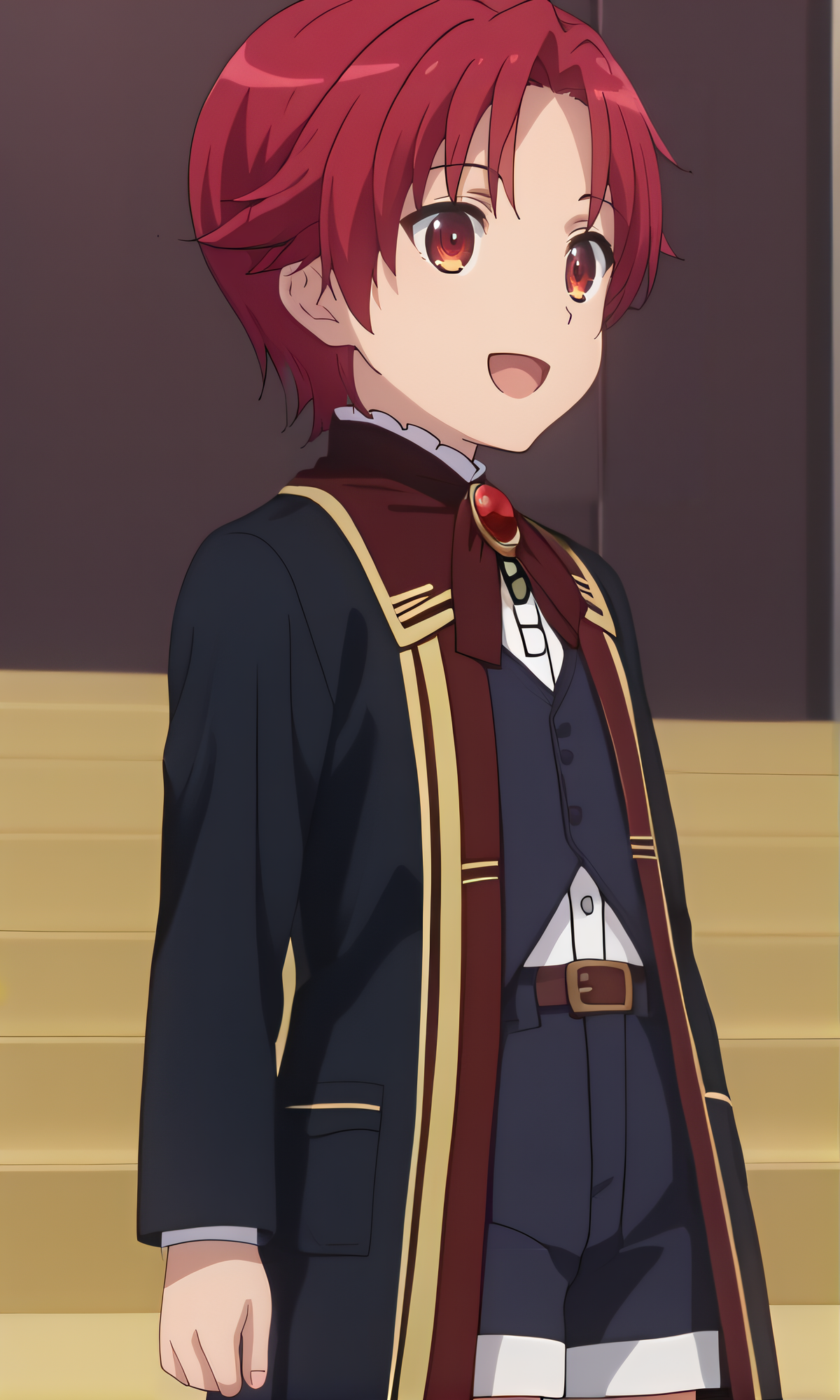 score_9, score_8_up, score_7_up, source_anime, rating_safe, intricate details, anime screencap, official style, 1boy, solo, <lora:Millicas_Gremory:1>, millicas, kid, red hair, red eyes, brooch, black coat, shorts, belt, smile, indoor, walking, cowboy shot, side view, arms at sides, open mouth